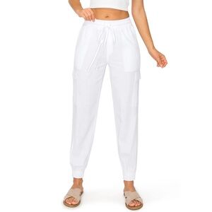 Women's White Cargo Jogger Pants with Drawstring Waist cali1850 linen